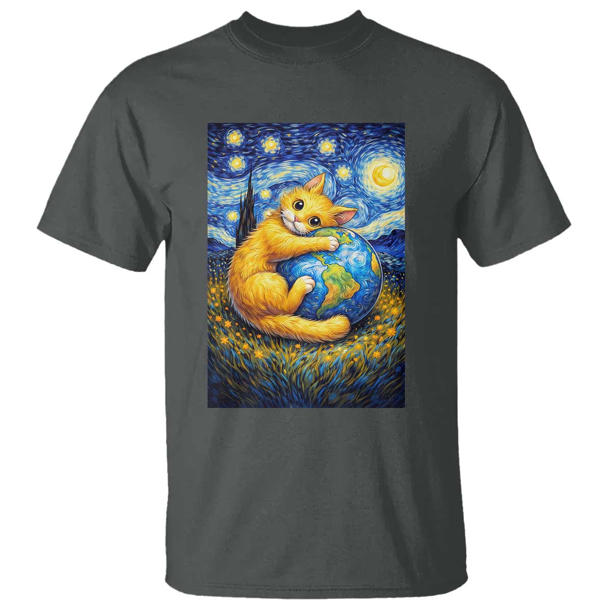 Earth Day T Shirt Starry Night Cat Hugging Earth