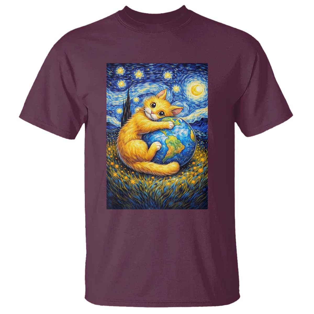Earth Day T Shirt Starry Night Cat Hugging Earth