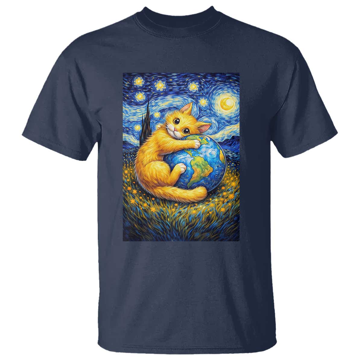 Earth Day T Shirt Starry Night Cat Hugging Earth