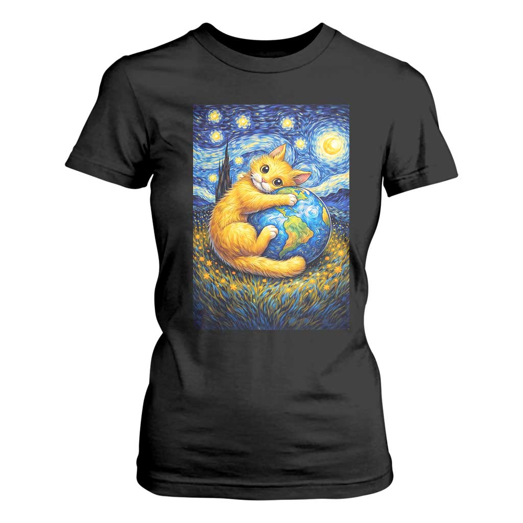 Earth Day T Shirt For Women Starry Night Cat Hugging Earth