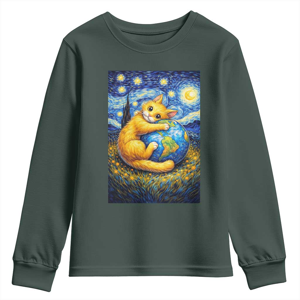 Earth Day Youth Sweatshirt Starry Night Cat Hugging Earth
