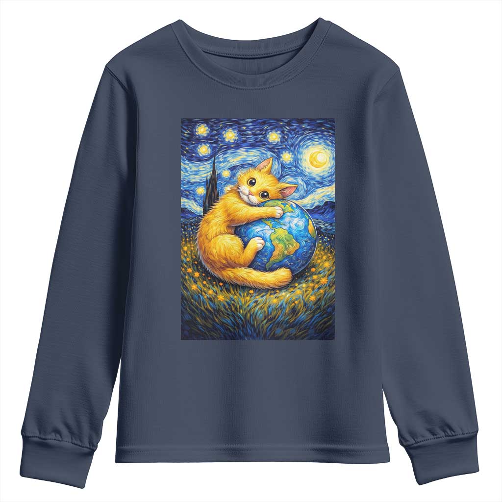 Earth Day Youth Sweatshirt Starry Night Cat Hugging Earth