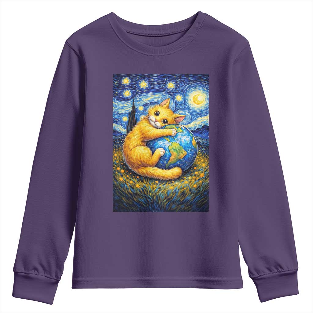 Earth Day Youth Sweatshirt Starry Night Cat Hugging Earth