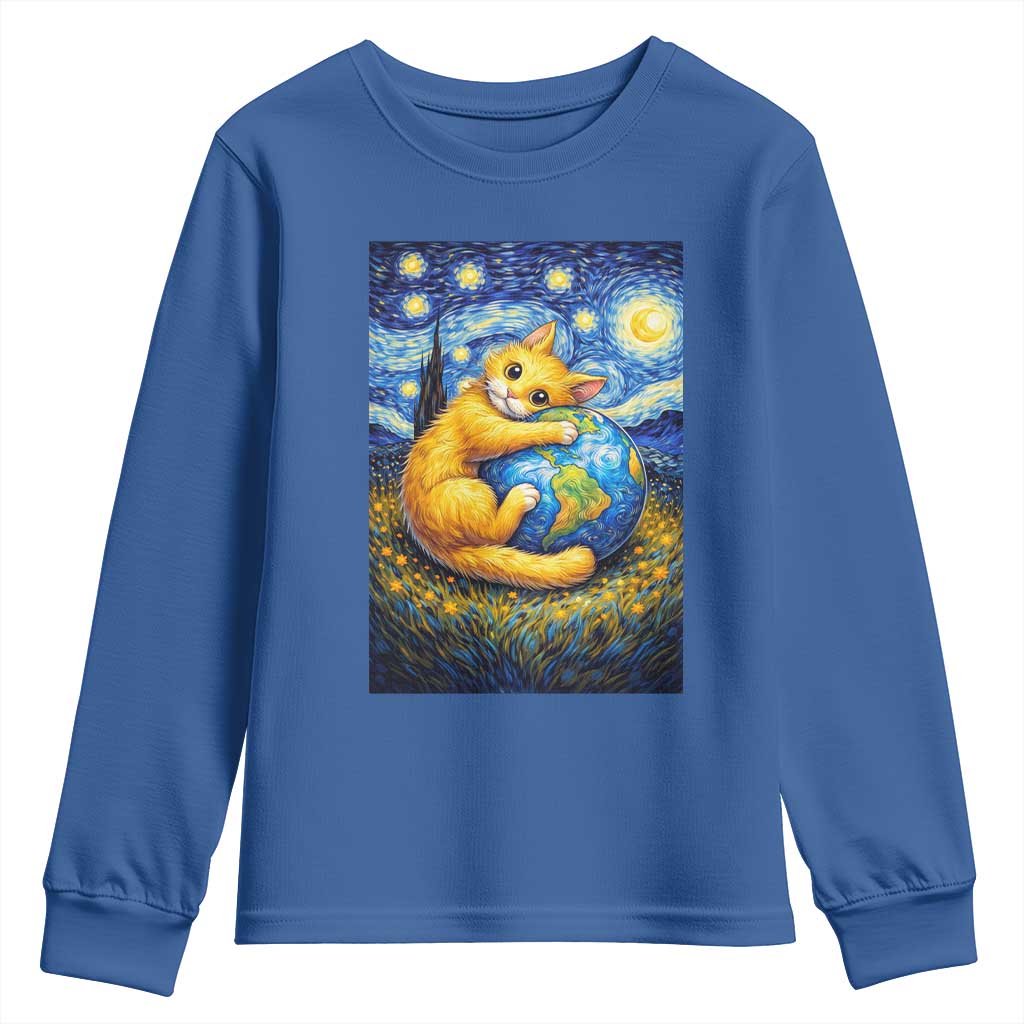Earth Day Youth Sweatshirt Starry Night Cat Hugging Earth