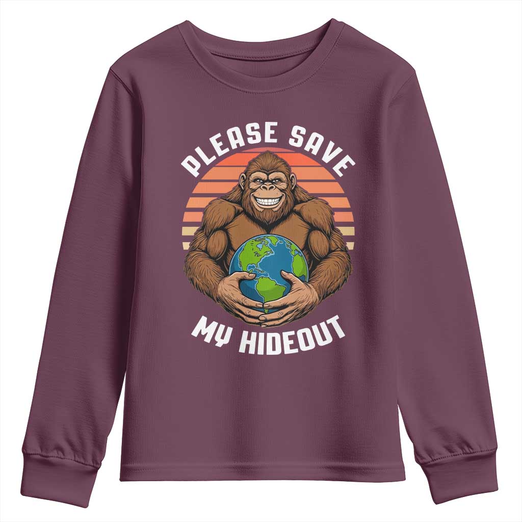 Funny Earth Day Bigfoot Youth Sweatshirt Please Save My Hideout