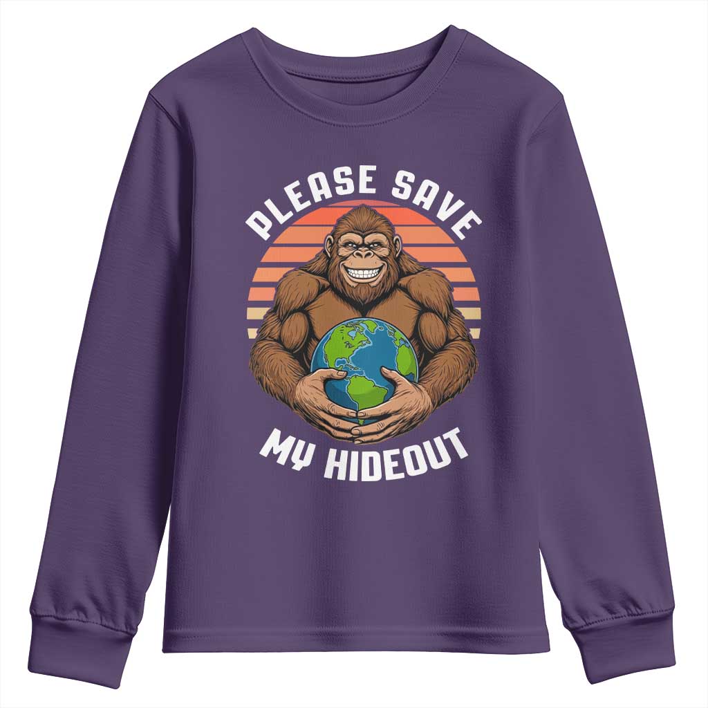 Funny Earth Day Bigfoot Youth Sweatshirt Please Save My Hideout