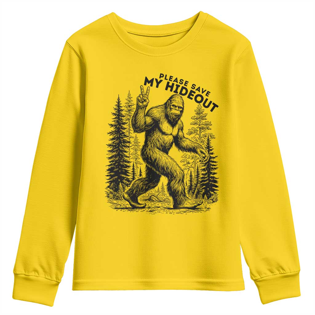 Please Save My Hideout Youth Sweatshirt Bigfoot Forest Protector