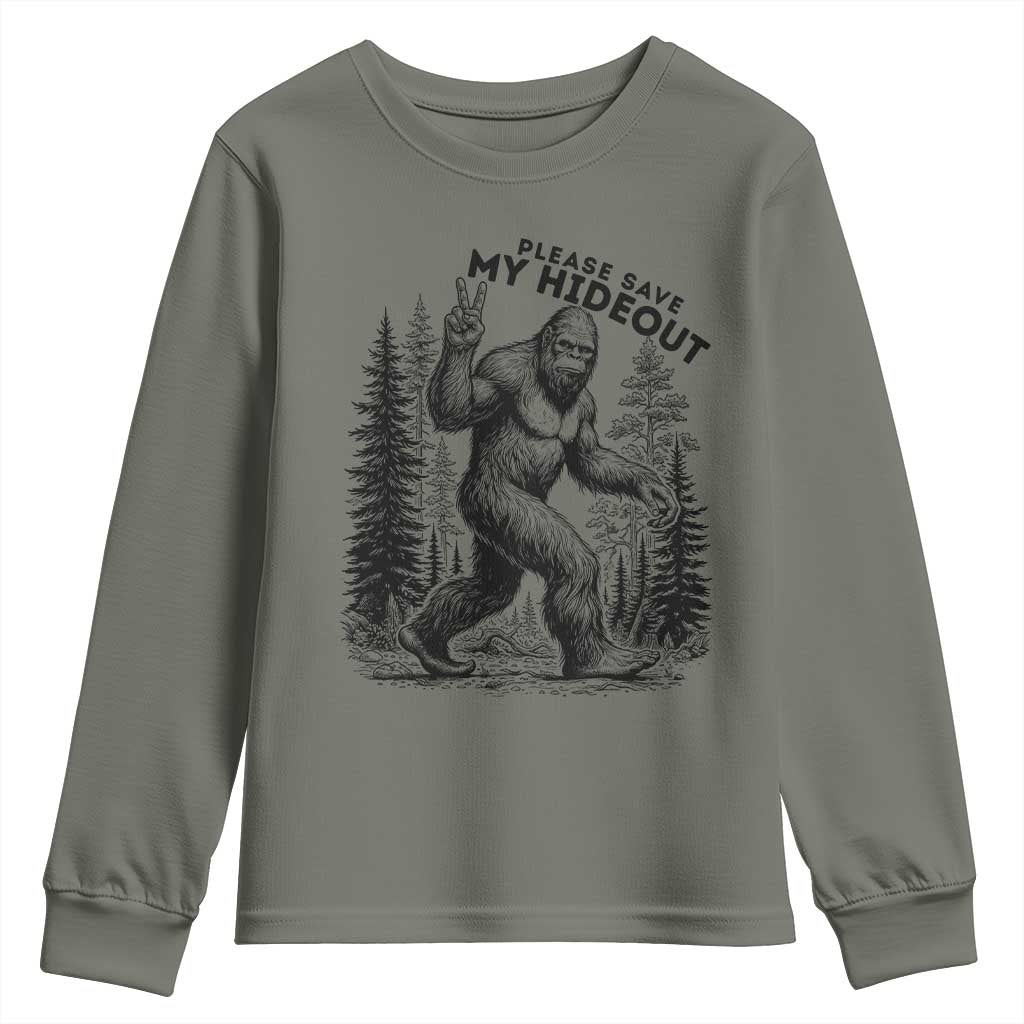 Please Save My Hideout Youth Sweatshirt Bigfoot Forest Protector