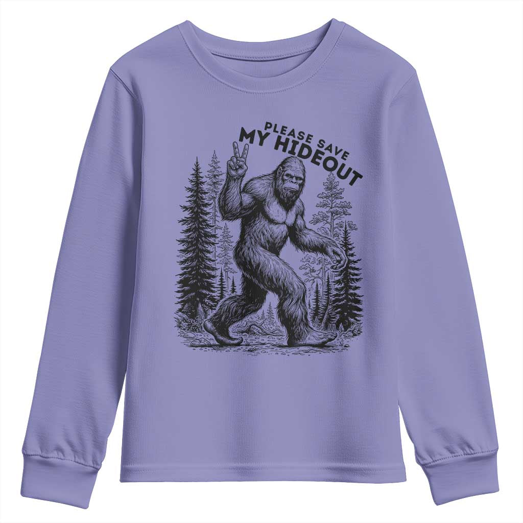 Please Save My Hideout Youth Sweatshirt Bigfoot Forest Protector