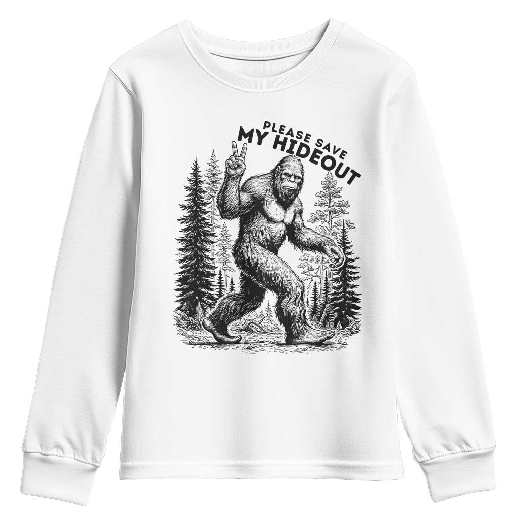 Please Save My Hideout Youth Sweatshirt Bigfoot Forest Protector
