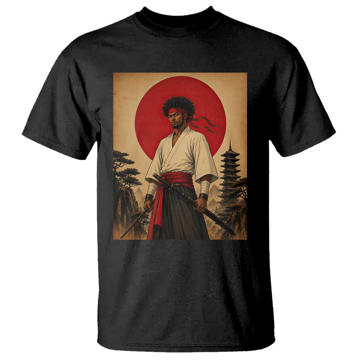 Afro American Samurai Bushido Warrior T Shirt Vintage Japanese Ukiyoe Graphic