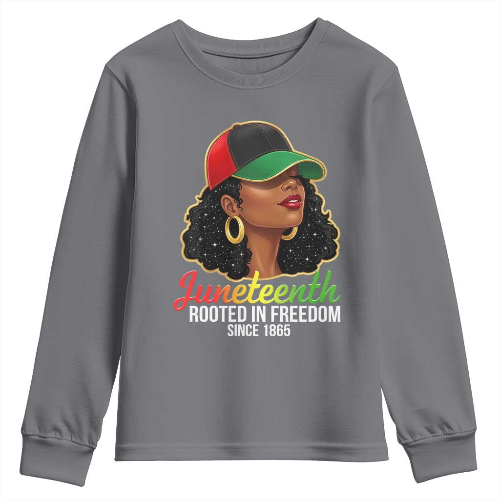 Black Woman Juneteenth Graphic Youth Sweatshirt Rooted In Freedom Since 1865