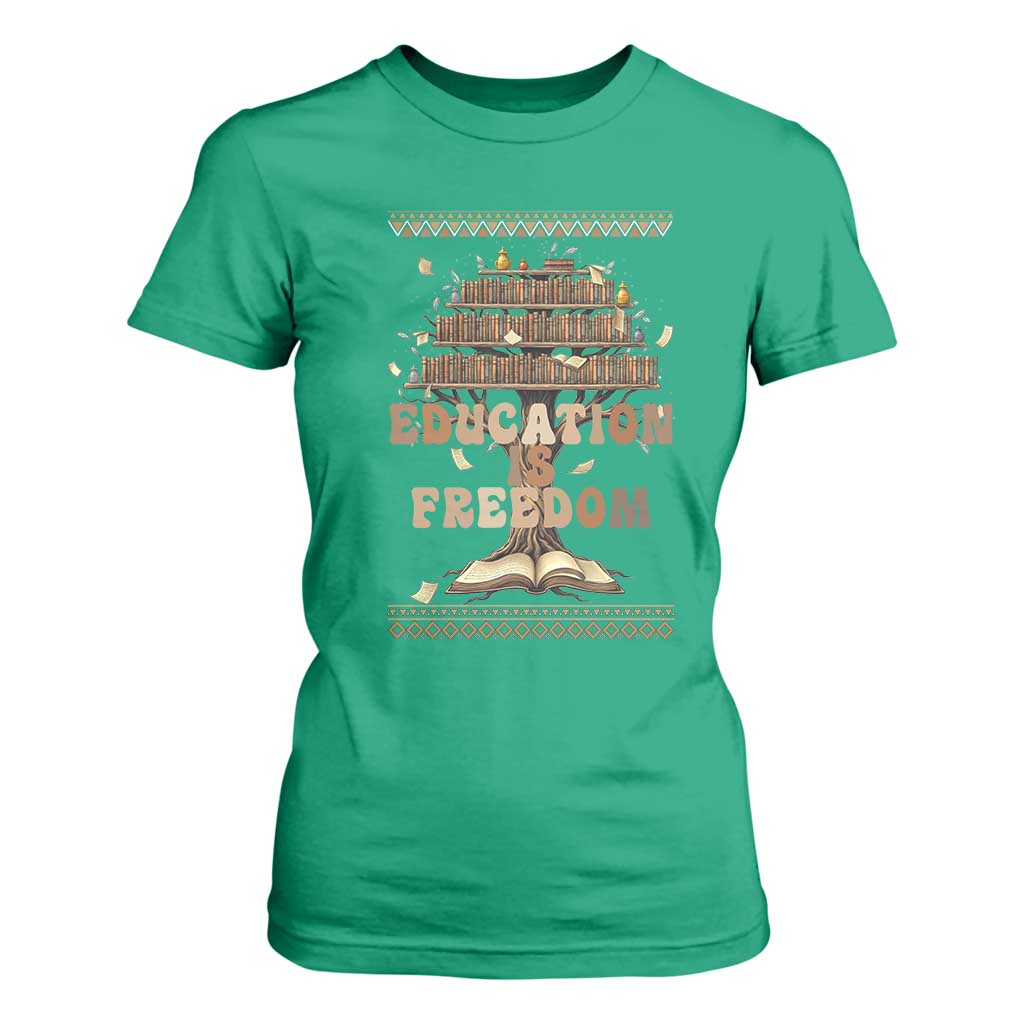 Education Is Freedom Teacher Gift T Shirt For Women Inspirational Africa Map Book Stack - African Pride