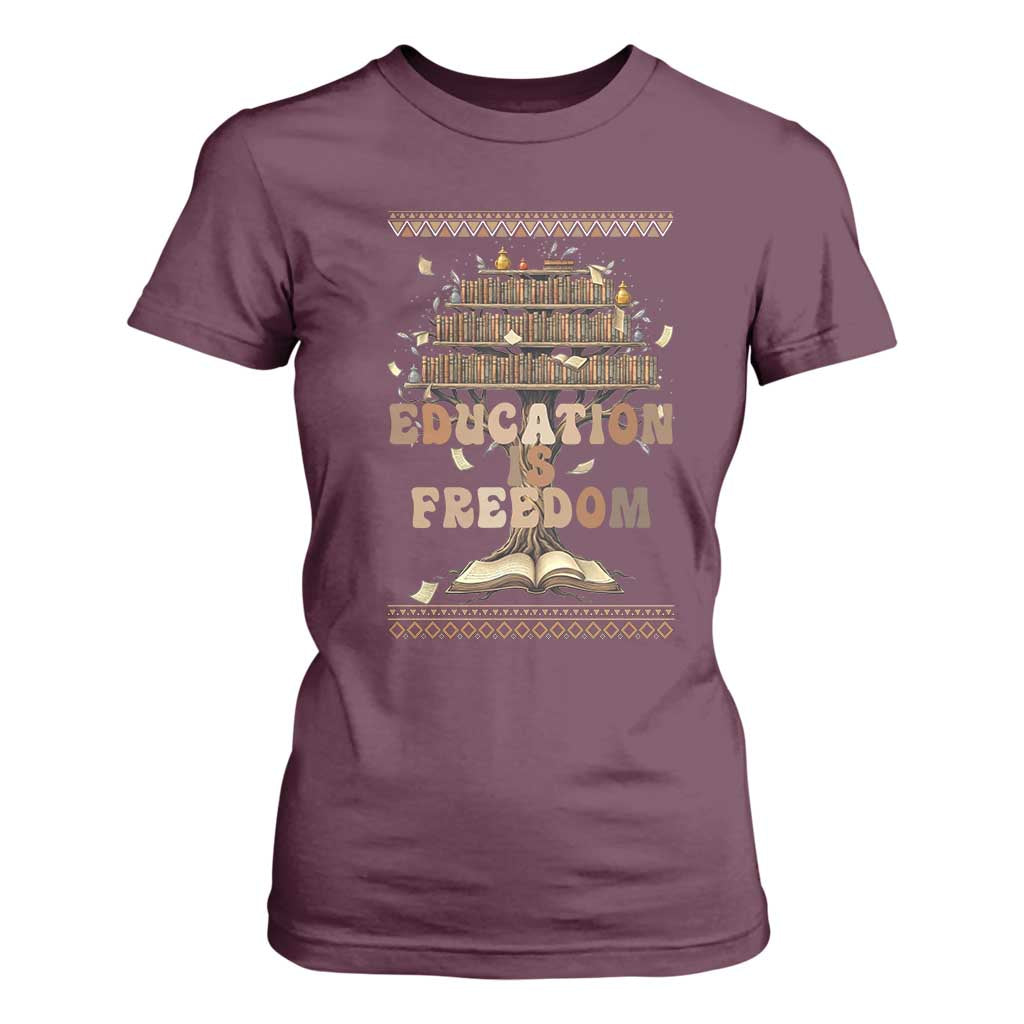 Education Is Freedom Teacher Gift T Shirt For Women Inspirational Africa Map Book Stack - African Pride