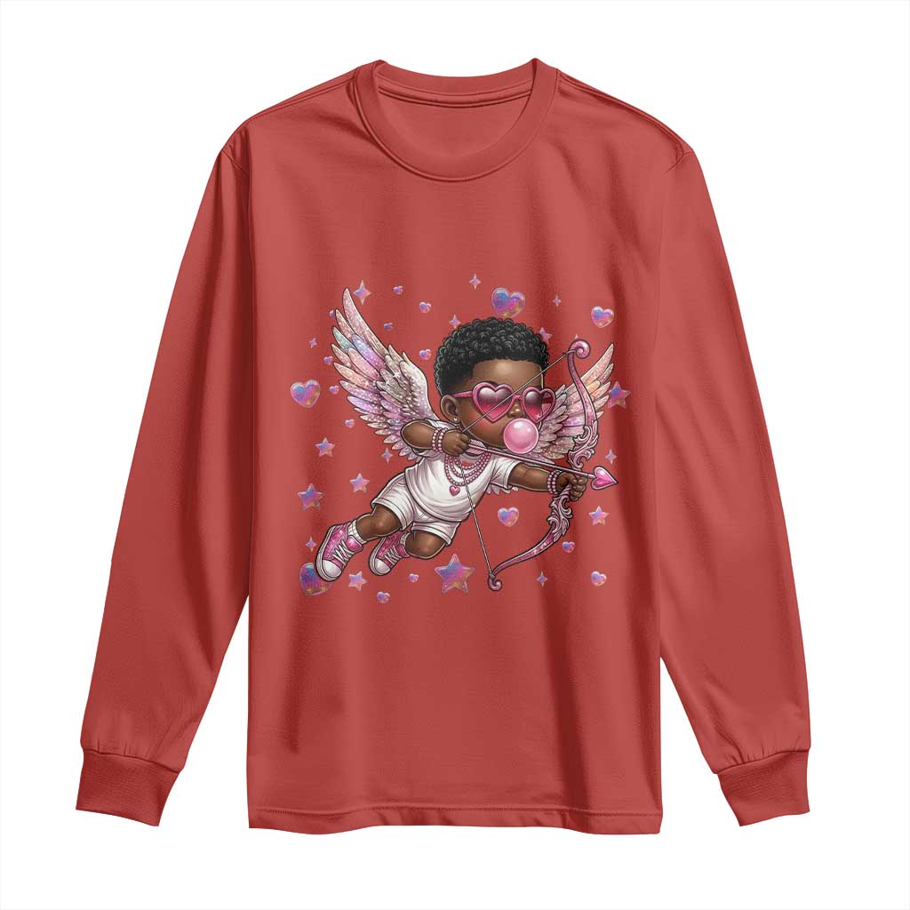 Cute Black Cupid Long Sleeve Shirt African American Valentines Day Gift - African Pride