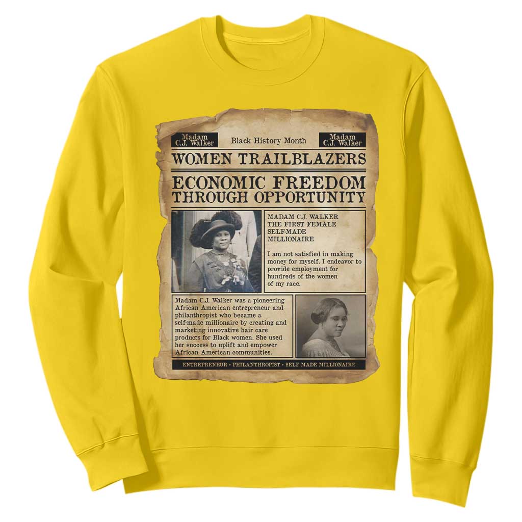 Madam CJ Walker Vintage Newspaper Style Sweatshirt Economic Freedom Through Opportunity - African Pride