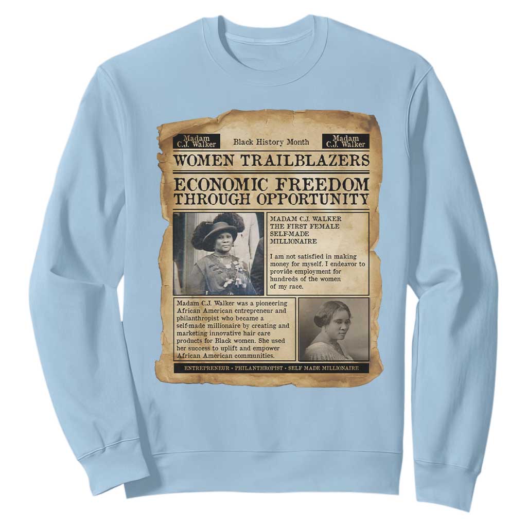 Madam CJ Walker Vintage Newspaper Style Sweatshirt Economic Freedom Through Opportunity - African Pride