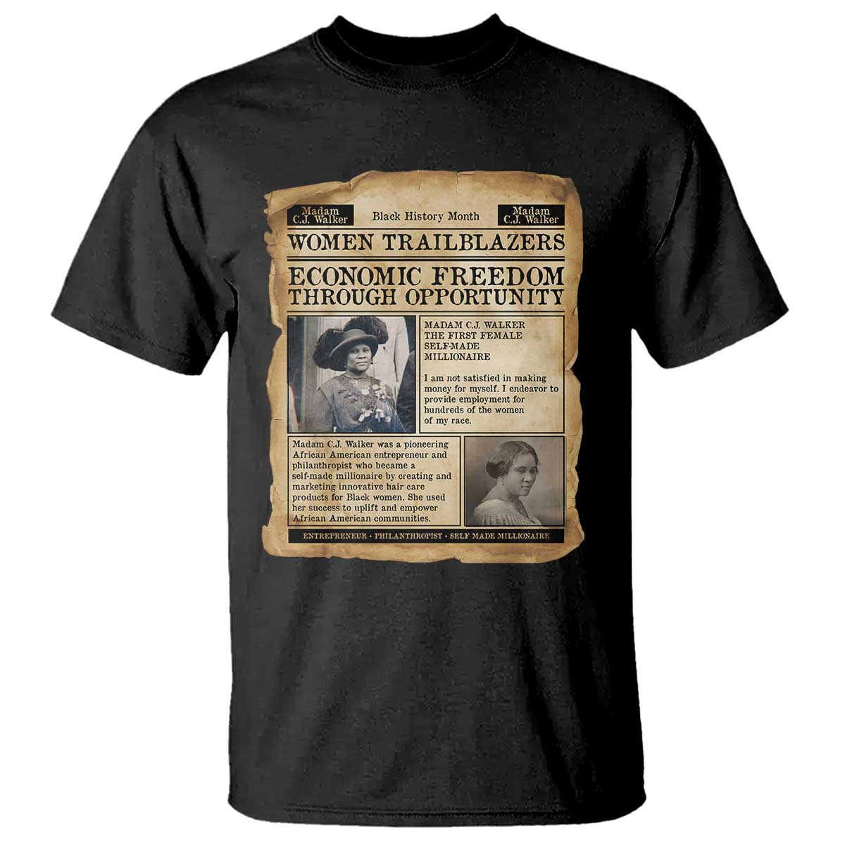 Madam CJ Walker Vintage Newspaper Style T Shirt Economic Freedom Through Opportunity - African Pride