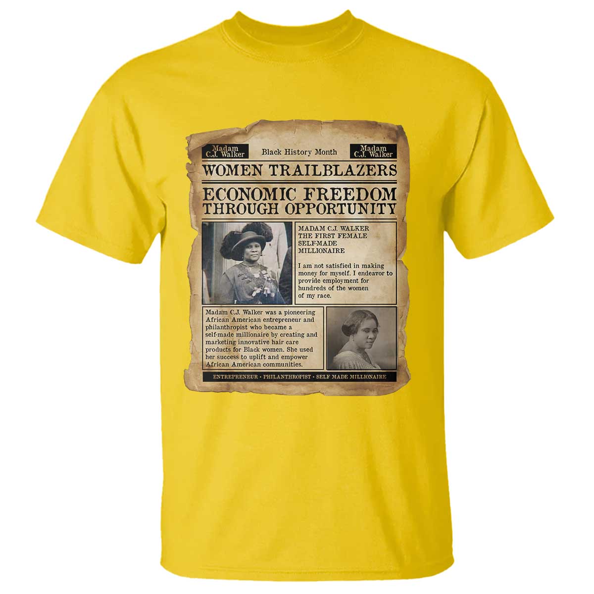Madam CJ Walker Vintage Newspaper Style T Shirt Economic Freedom Through Opportunity - African Pride
