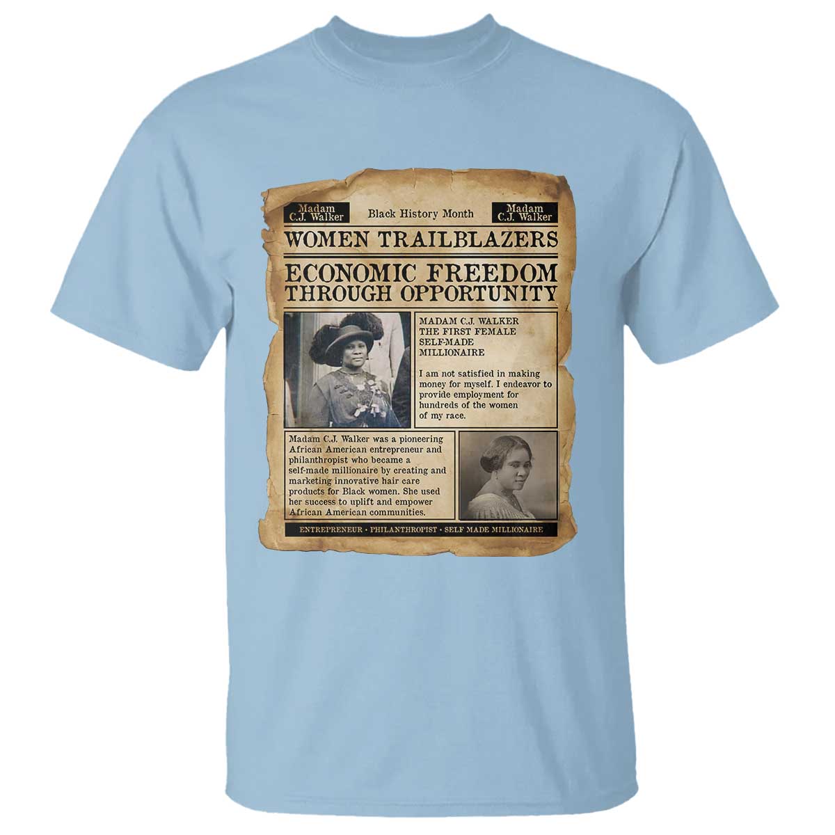 Madam CJ Walker Vintage Newspaper Style T Shirt Economic Freedom Through Opportunity - African Pride