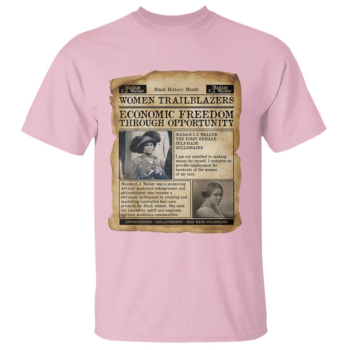 Madam CJ Walker Vintage Newspaper Style T Shirt Economic Freedom Through Opportunity - African Pride