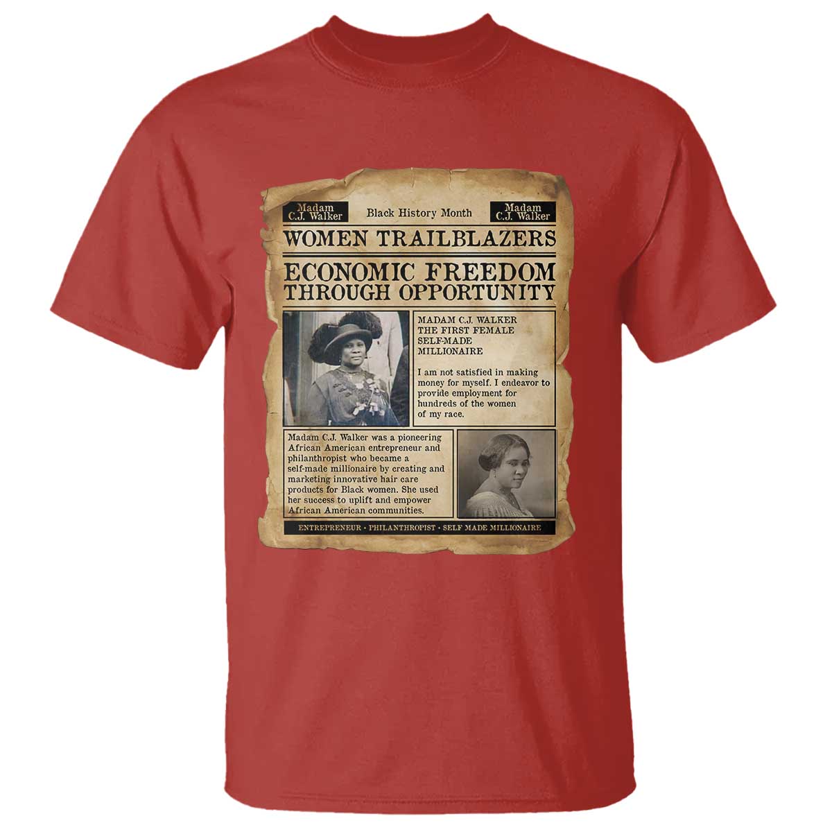 Madam CJ Walker Vintage Newspaper Style T Shirt Economic Freedom Through Opportunity - African Pride