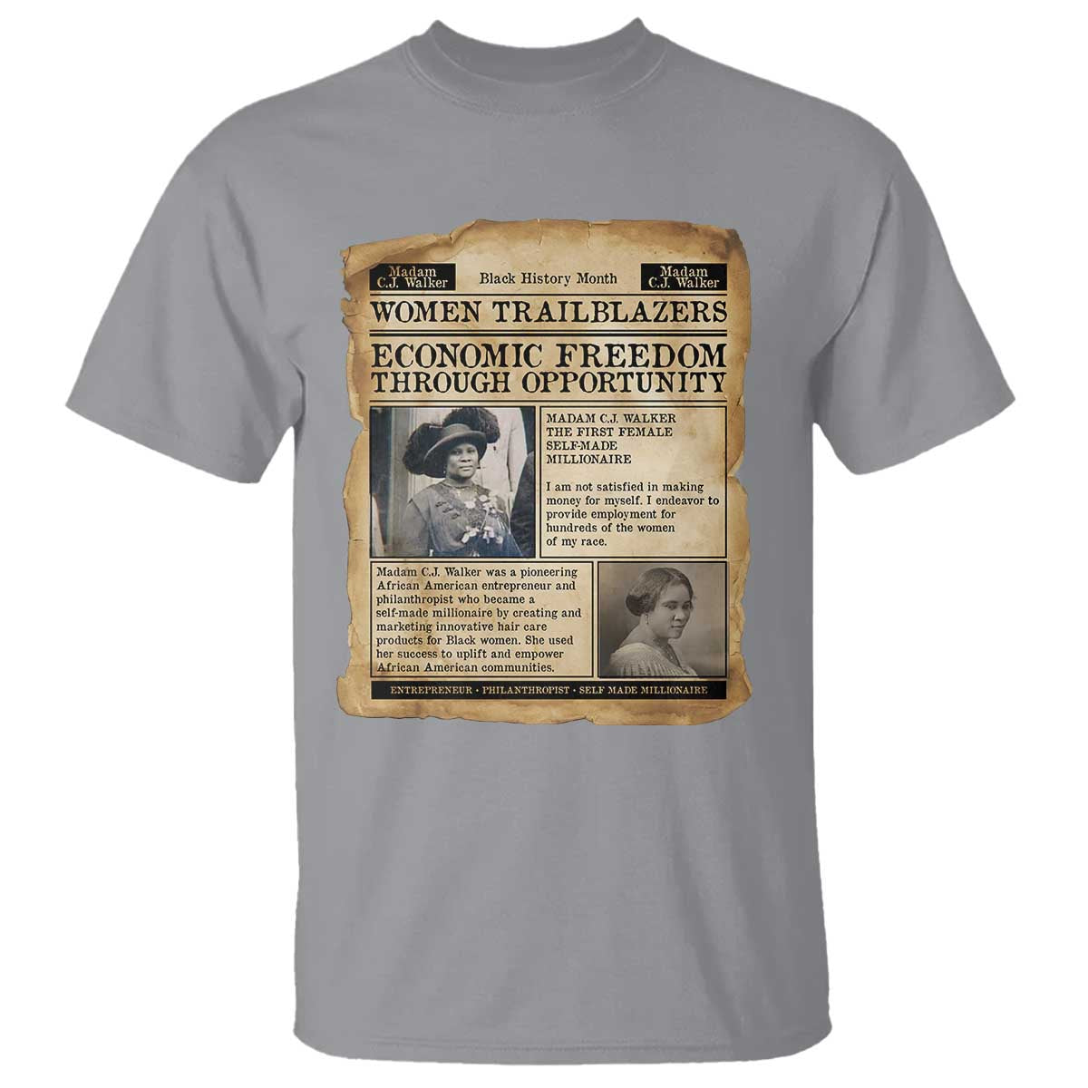 Madam CJ Walker Vintage Newspaper Style T Shirt Economic Freedom Through Opportunity - African Pride