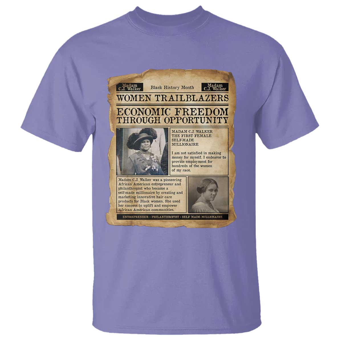 Madam CJ Walker Vintage Newspaper Style T Shirt Economic Freedom Through Opportunity - African Pride