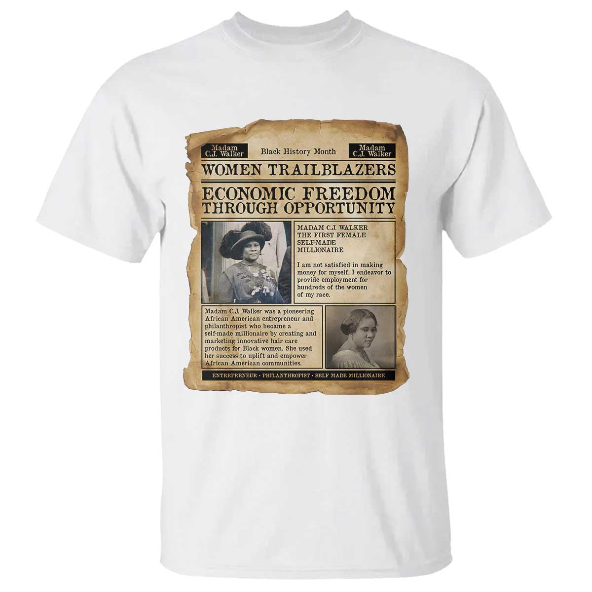 Madam CJ Walker Vintage Newspaper Style T Shirt Economic Freedom Through Opportunity - African Pride