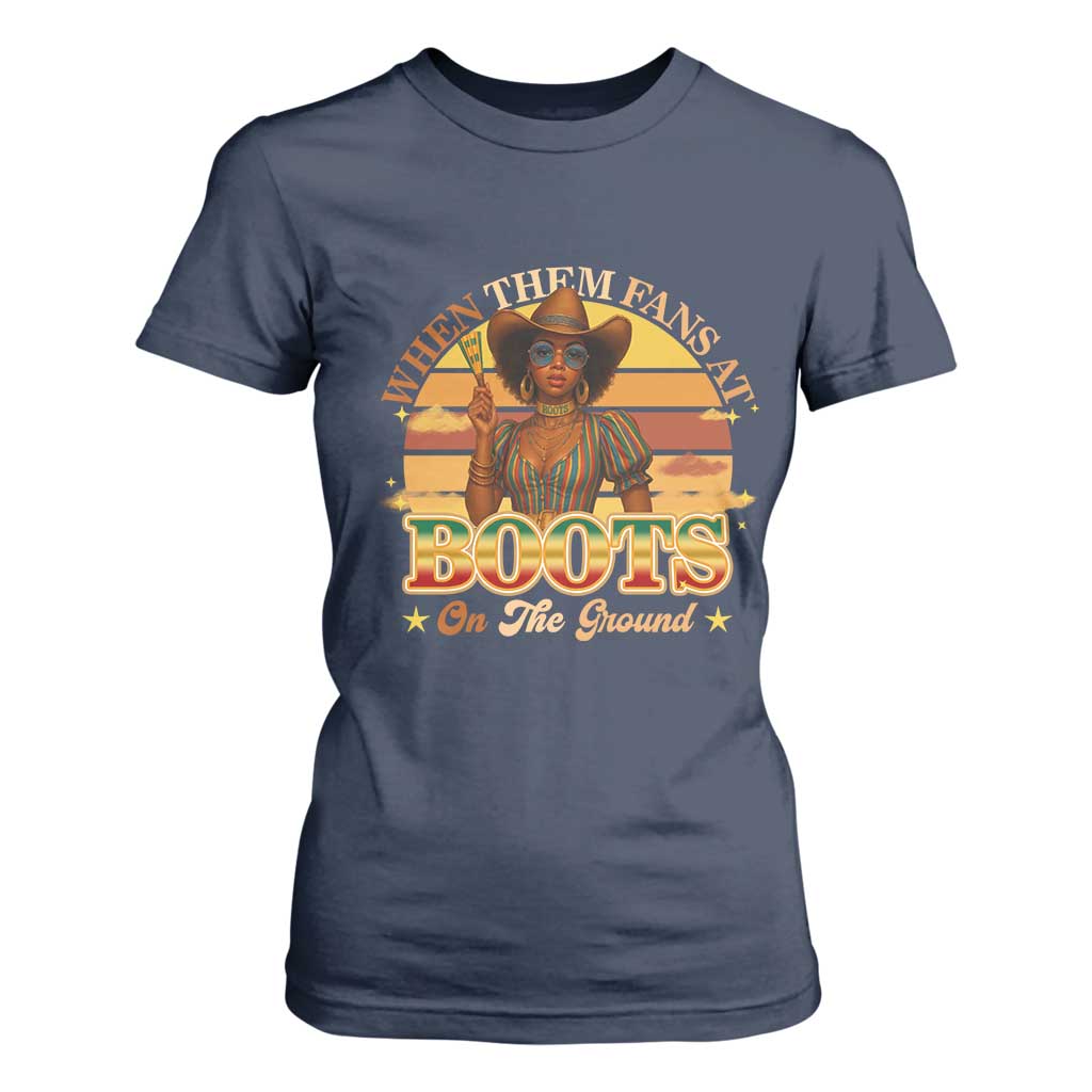 Black Cowgirl Afro Rodeo T Shirt For Women Where Them Fans At Boots On Da Ground - African Pride