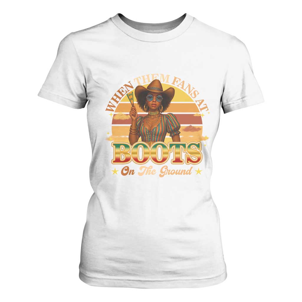 Black Cowgirl Afro Rodeo T Shirt For Women Where Them Fans At Boots On Da Ground - African Pride