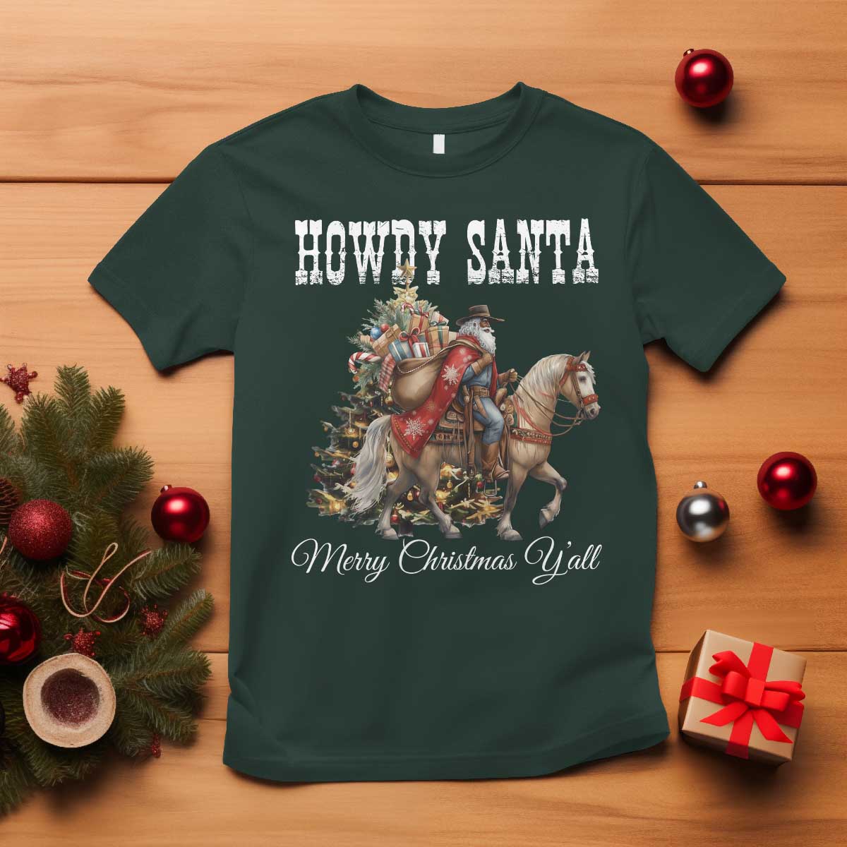 Black Santa Christmas T Shirt African American Western Cowboy - African Pride