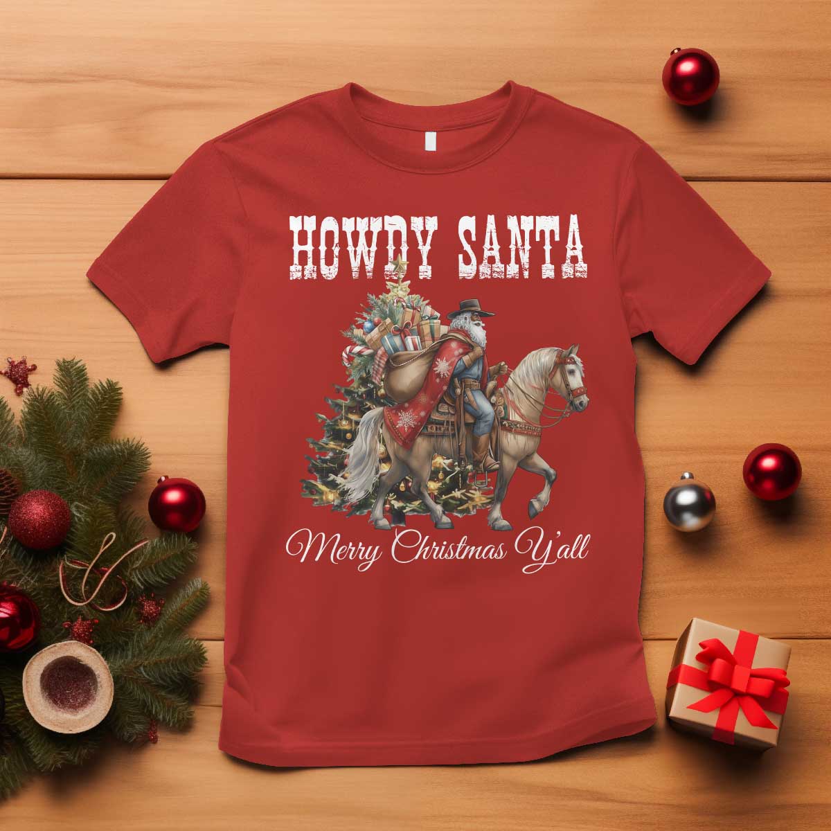 Black Santa Christmas T Shirt African American Western Cowboy - African Pride