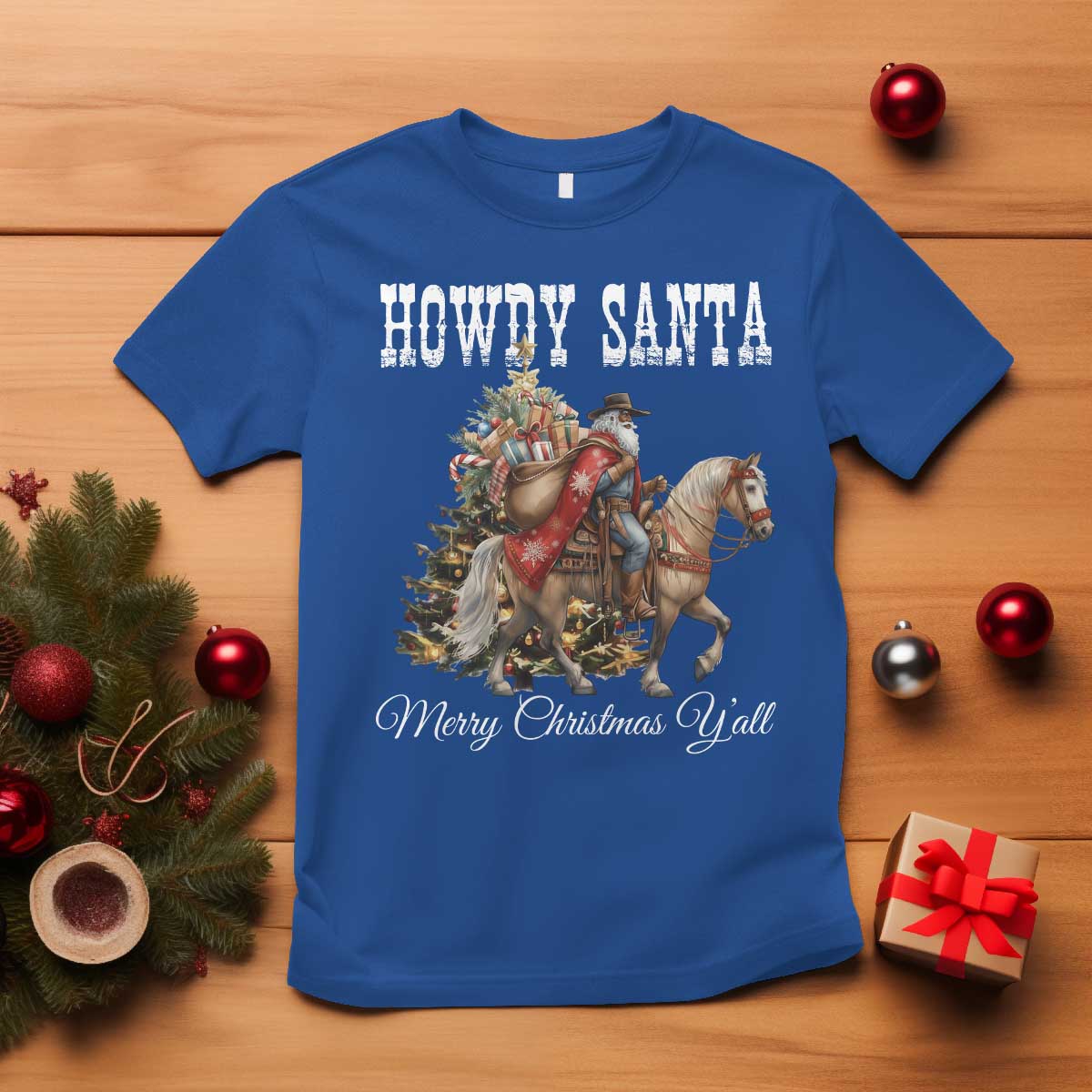 Black Santa Christmas T Shirt African American Western Cowboy - African Pride